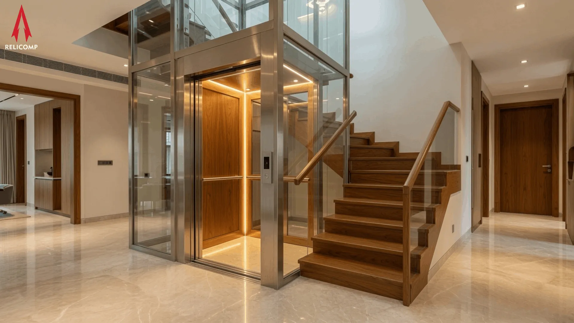 Modern home elevator cabin installed in a multi-storey residential villa